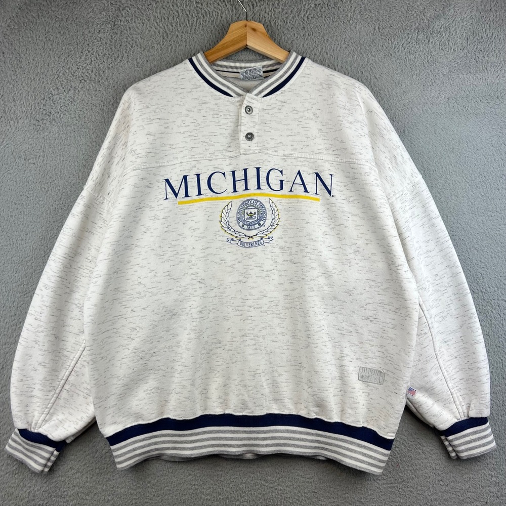 Vintage Diport USA Michigan Wolverines Henley Sweatshirt Mens XL Grey 90s NCAA